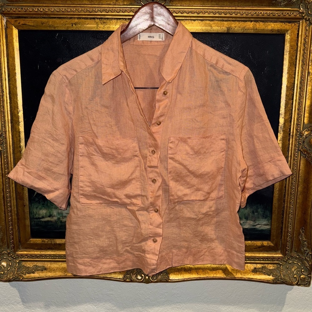 Mango MNG Peach Boxy Fit 100% Linen Cropped Short Sleeve Summer Top Size 4